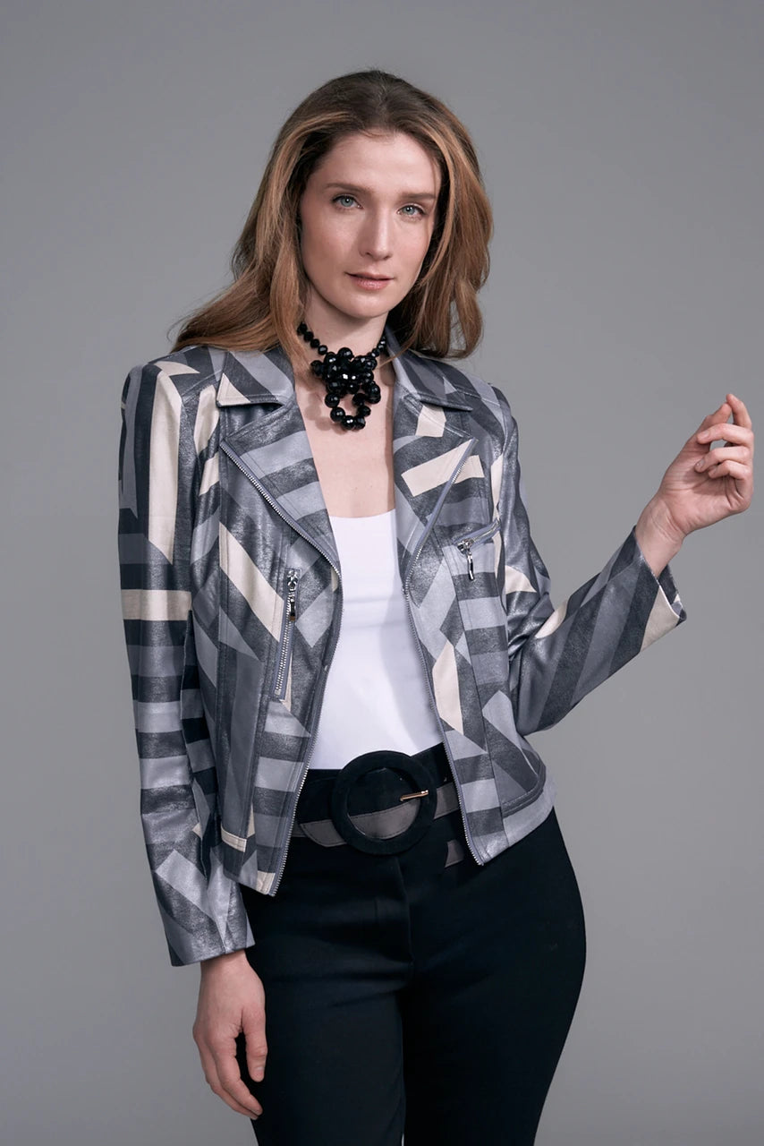 BCJ17681MPRG Printed Metallic Vegan Leather Moto Jacket