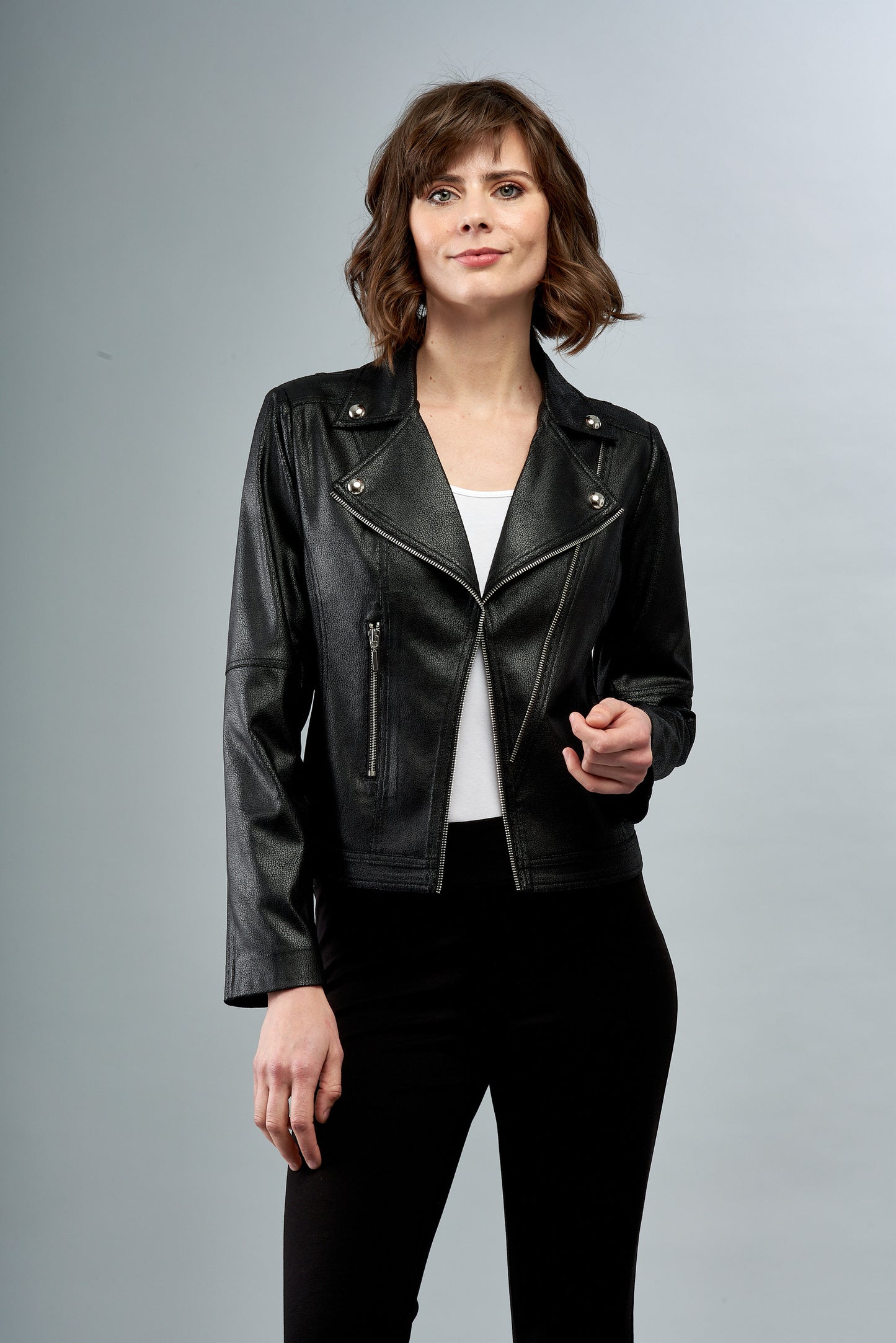 BCJ8731A Vegan Leather Moto Jacket with Zipper Trim