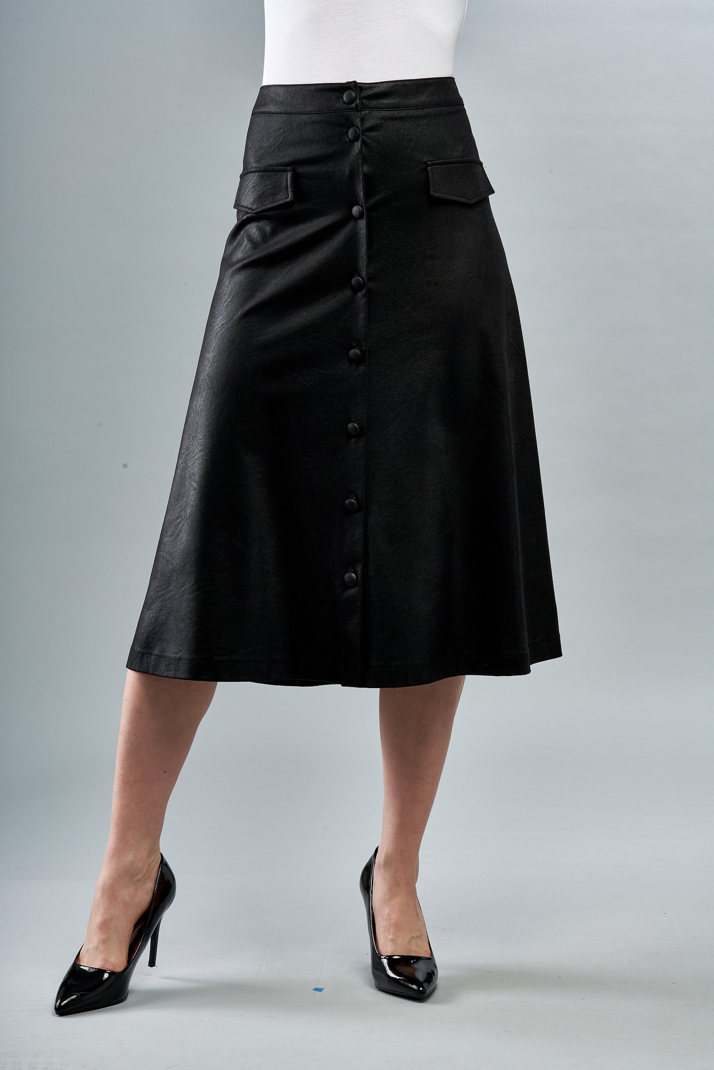 BCS8981B Faux Vegan Button Down Leather Skirt in Black