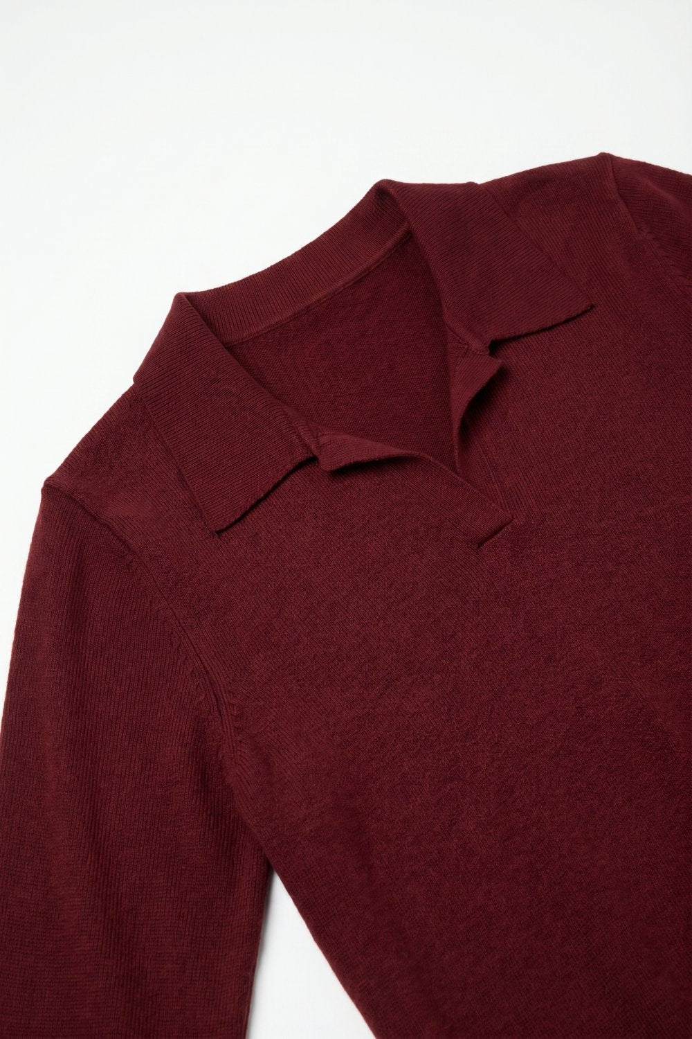 Burgundy Fine Knit Polo Collar Long Sleeve Regular Fit Sweater