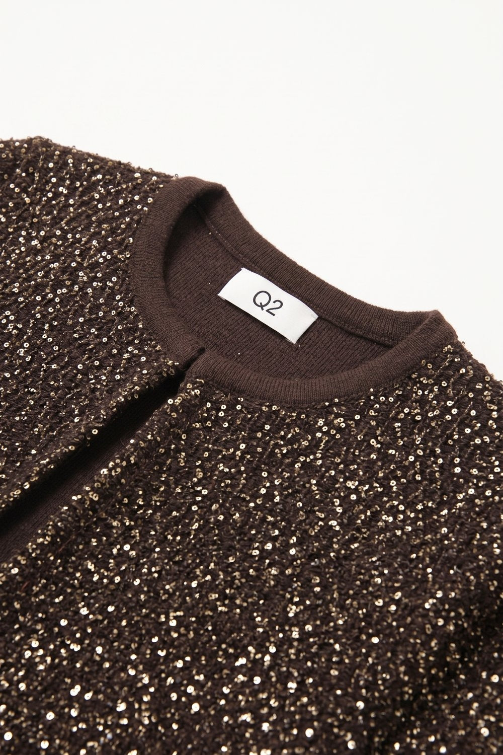 Brown Sequined Soft Knit Ribbed Trim Short Sleeve Cardigan