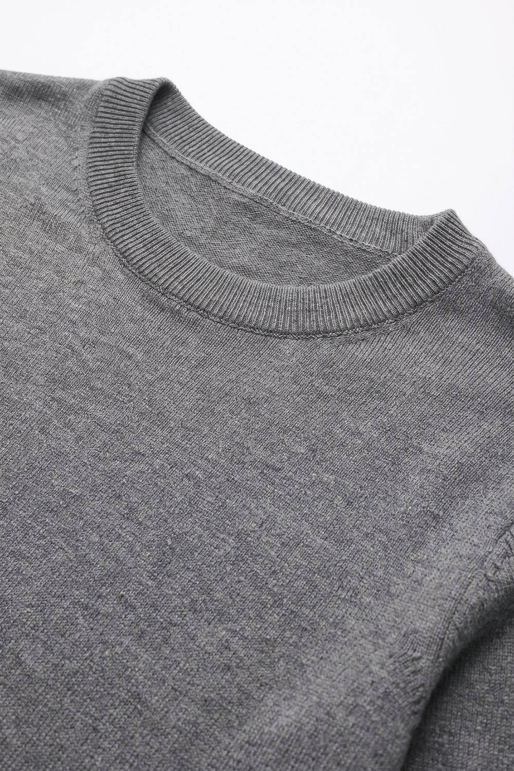 grey Merino Wool Blend Fine Knit Crew Neck Sweater