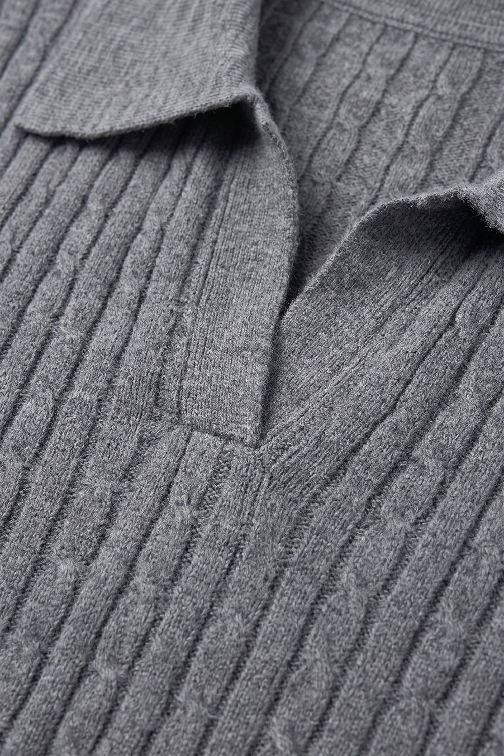 Grey Merino Wool Blend Ribbed Knit Polo Collar Open Placket Sweater
