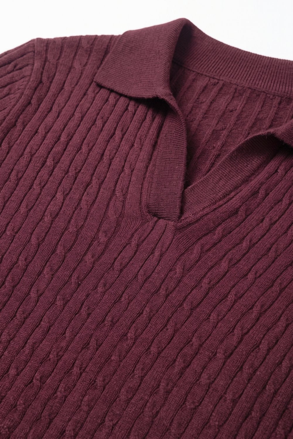 Purple Merino Wool Blend Cable Knit Polo Collar V Neck Sweater
