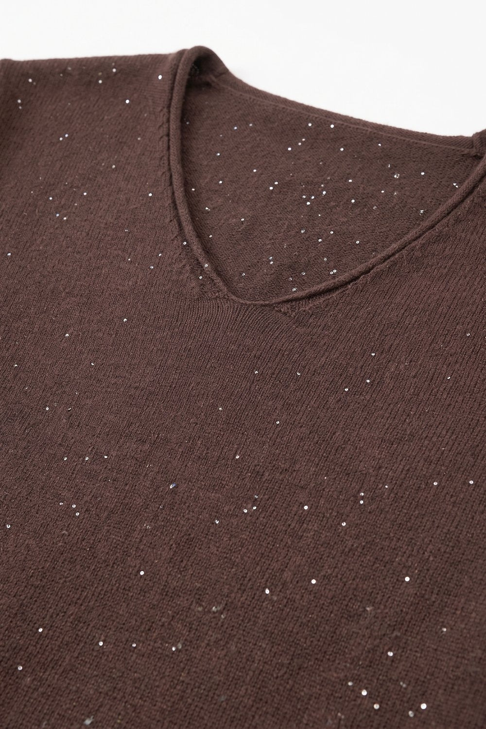 Brown Glitter Soft Knit V Neck Ribbed Trim Sweater with sequins embellished