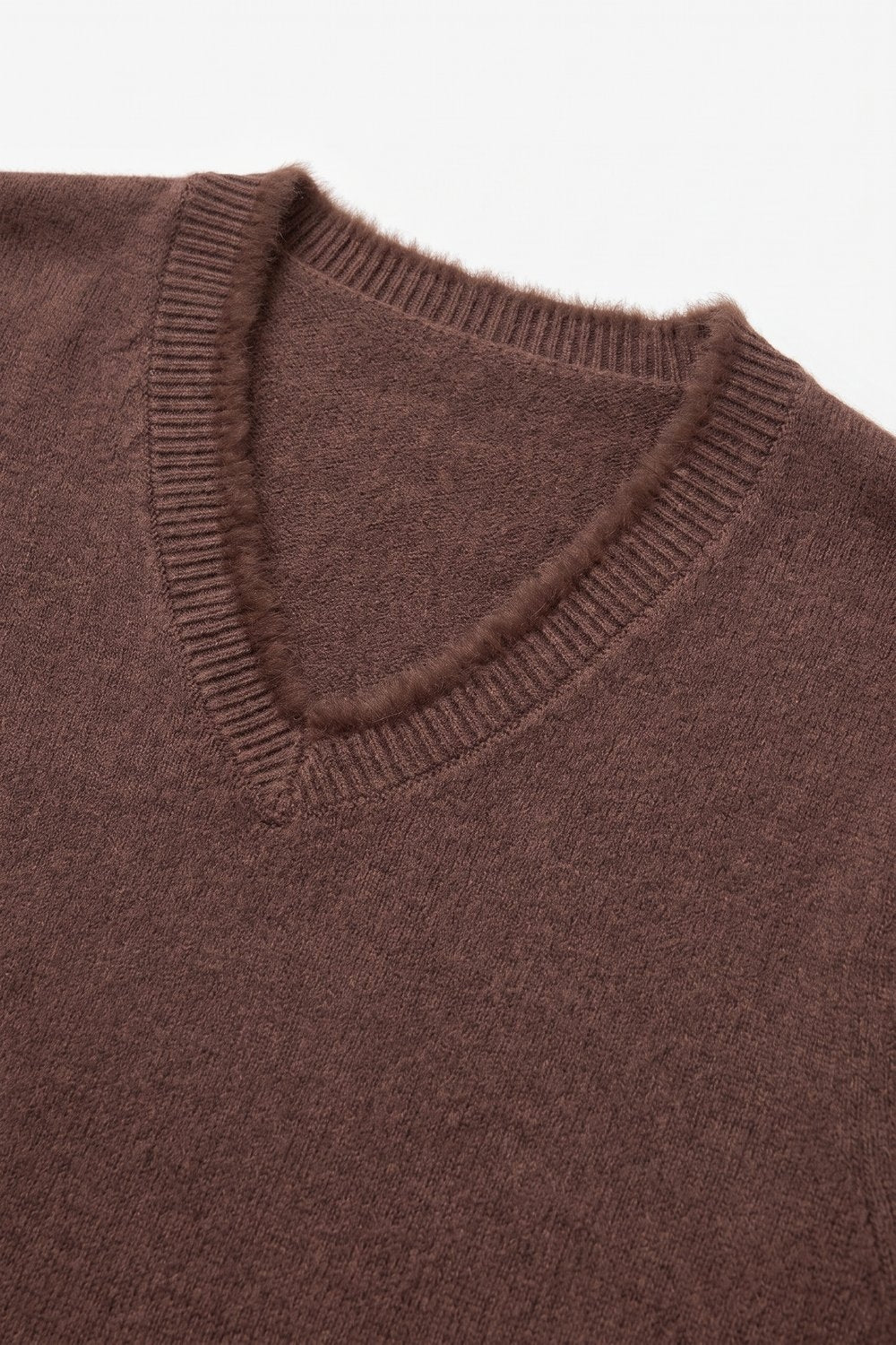 Brown V-Neck Sweater with Faux Fur Trim