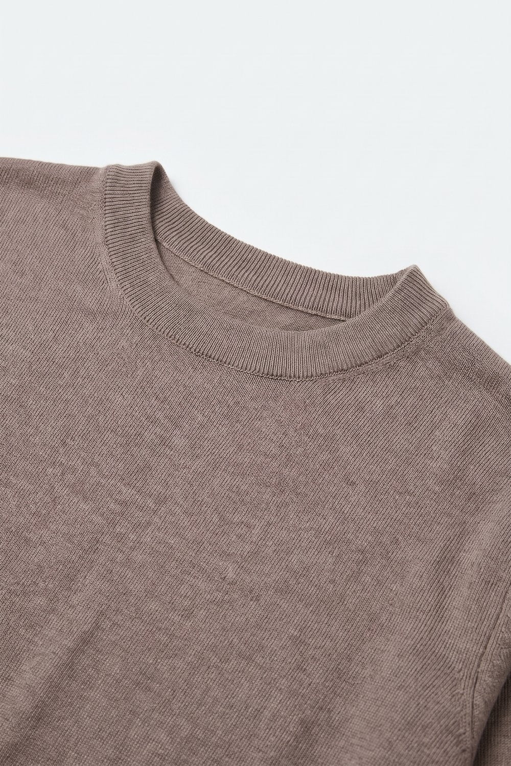 Powder Pink Merino Wool Blend Fine Knit Crew Neck Ribbed Trim Sweater