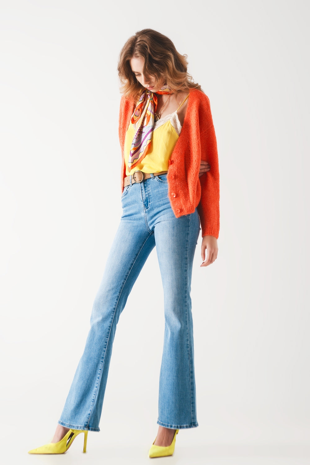 70s high flare jeans in light wash stretch