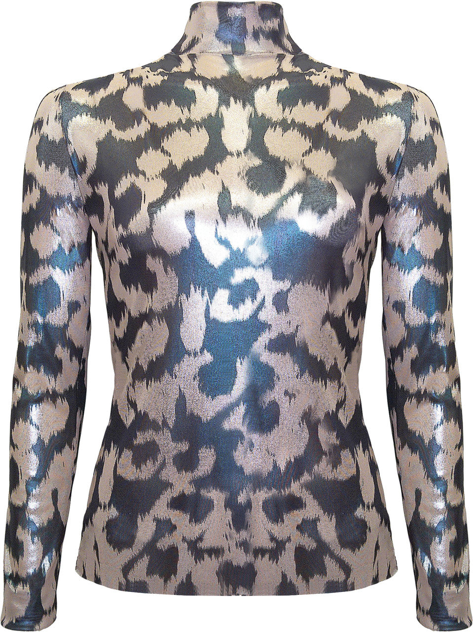 BCT0647 Printed Metallic Mesh Mock Neck Top in Leopard