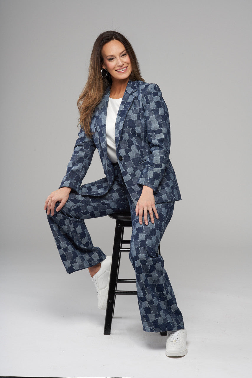 BCP10131CPRB Statement Printed Flared Pants in Patched Denim