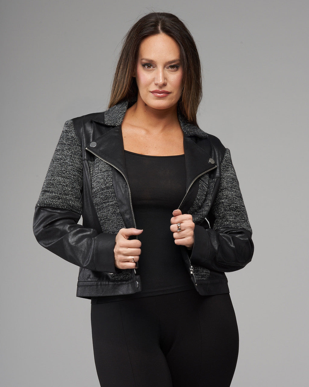 BCJ101C06RIB Faux Vegan Leather/Knit Combo Moto Jacket