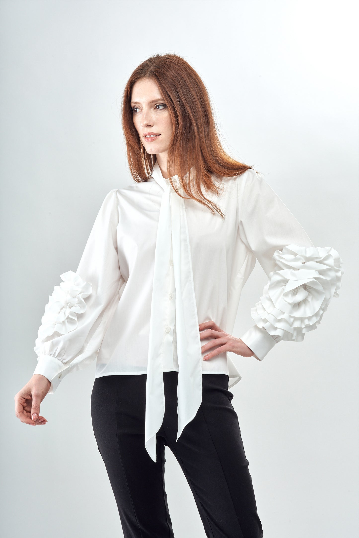 BCT8176C Flower Power Button Up Bow Neck Top