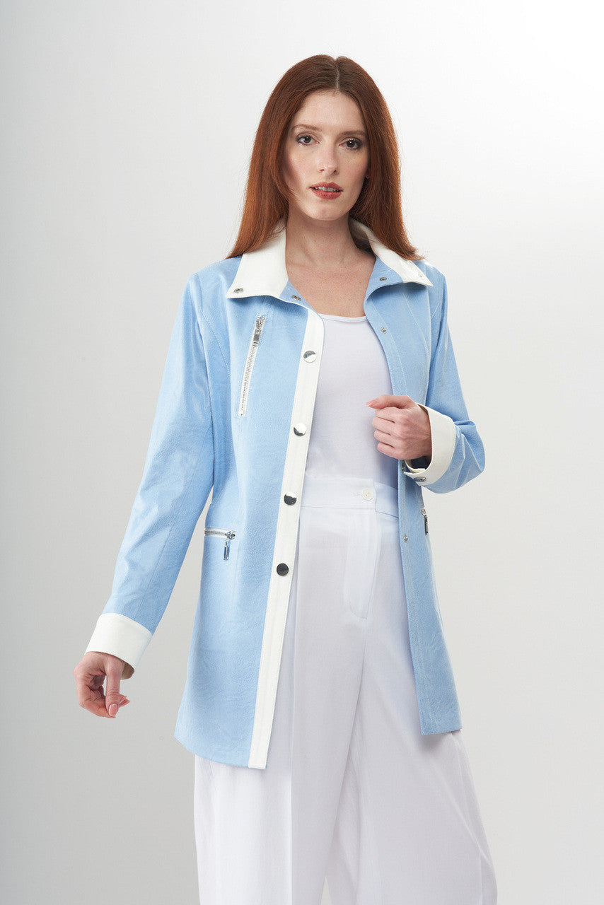 BCJ1826FPC Faux Vegan Leather Long Jacket in Powder Blue/Coconut
