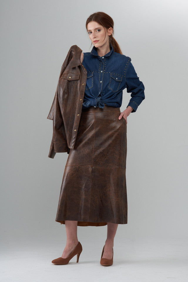 BCS8765PR Faux Vegan Textured Leather Skirt in New Yellowstone