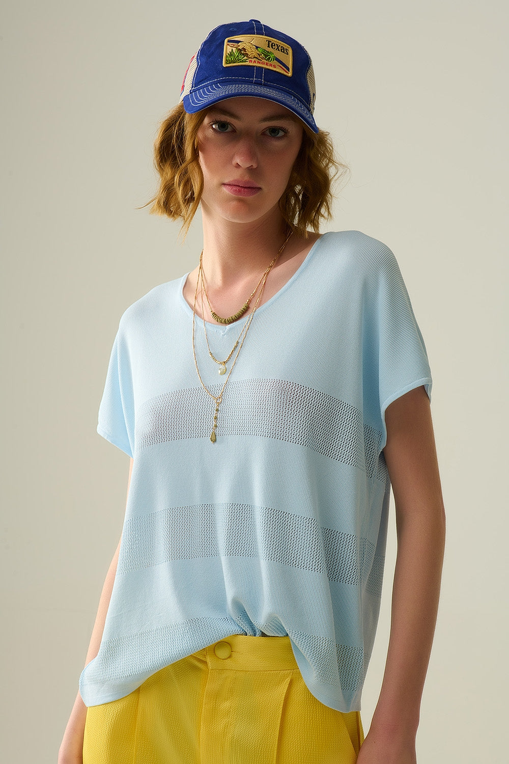 Q2 Baby Blue V-neck sweater with open knit detail