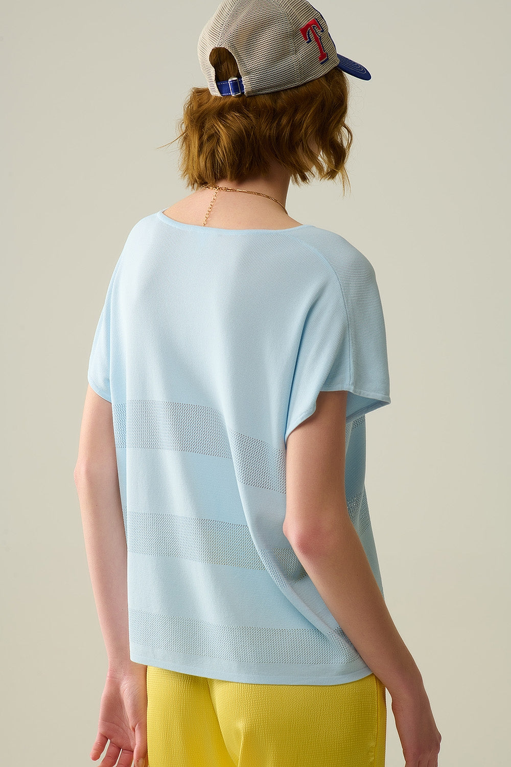 Baby Blue V-neck sweater with open knit detail