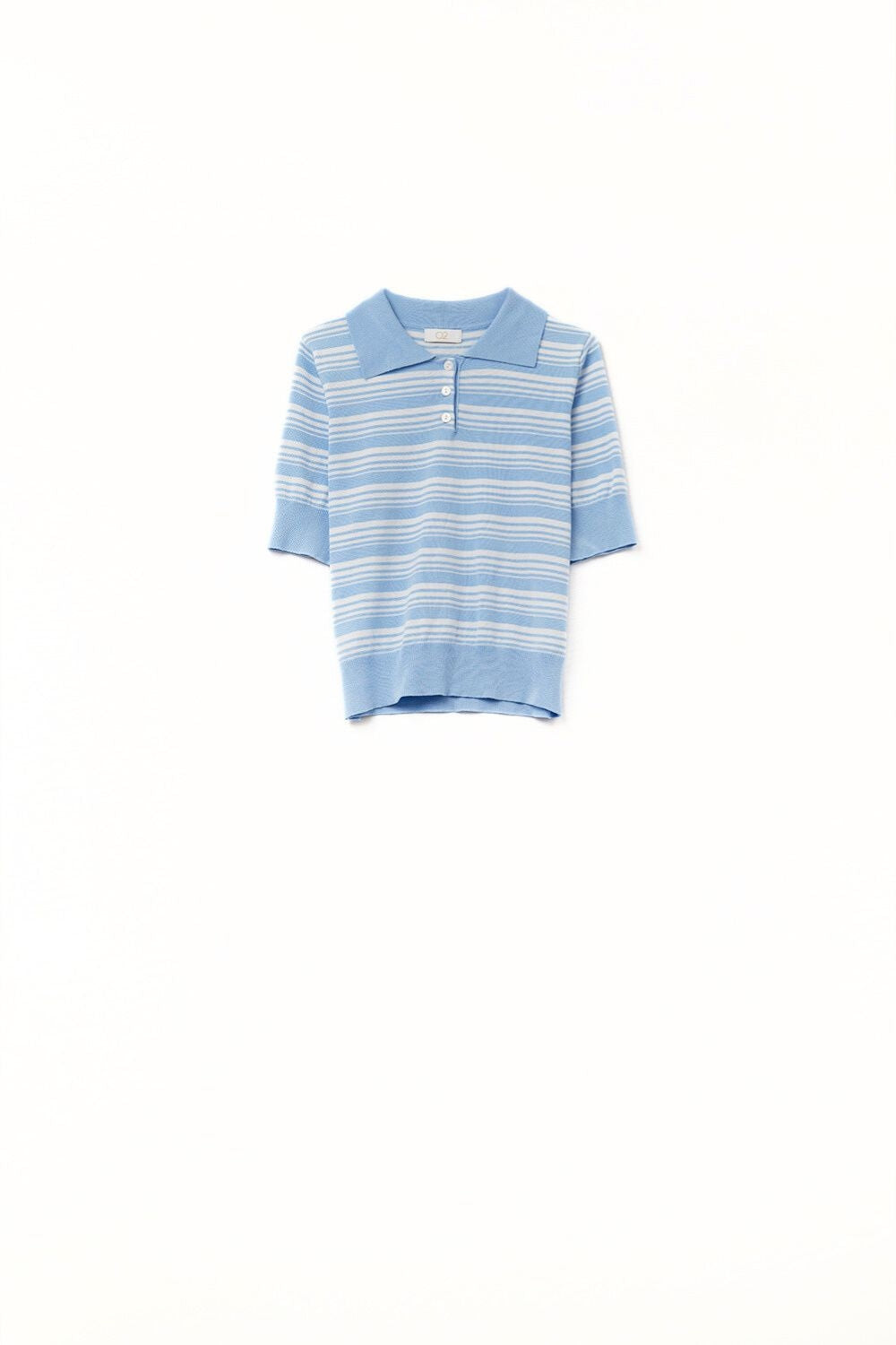 Q2 Beige and Blue Striped Sweater With Polo Neck