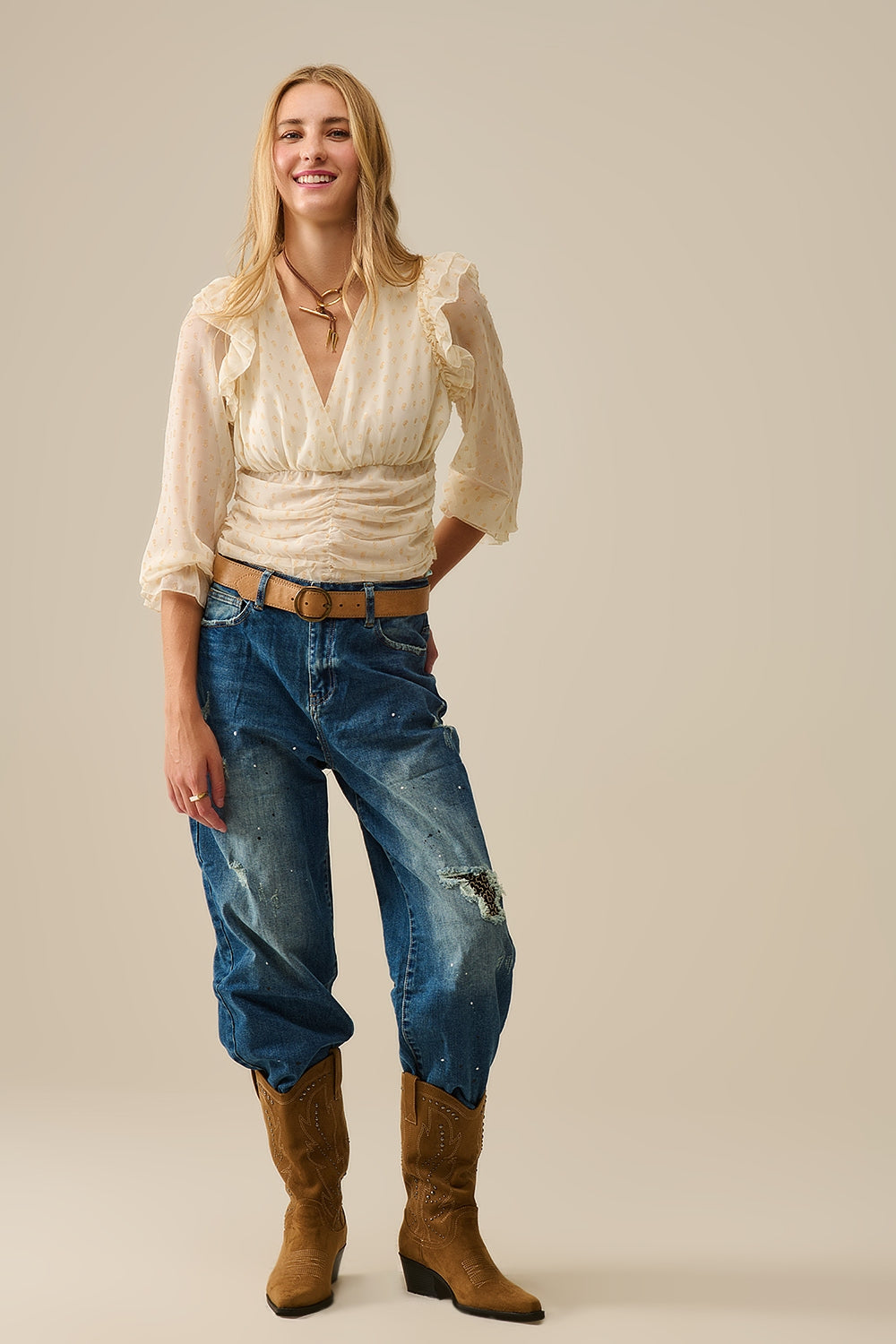 Beige Blouse with golden dots and frill details