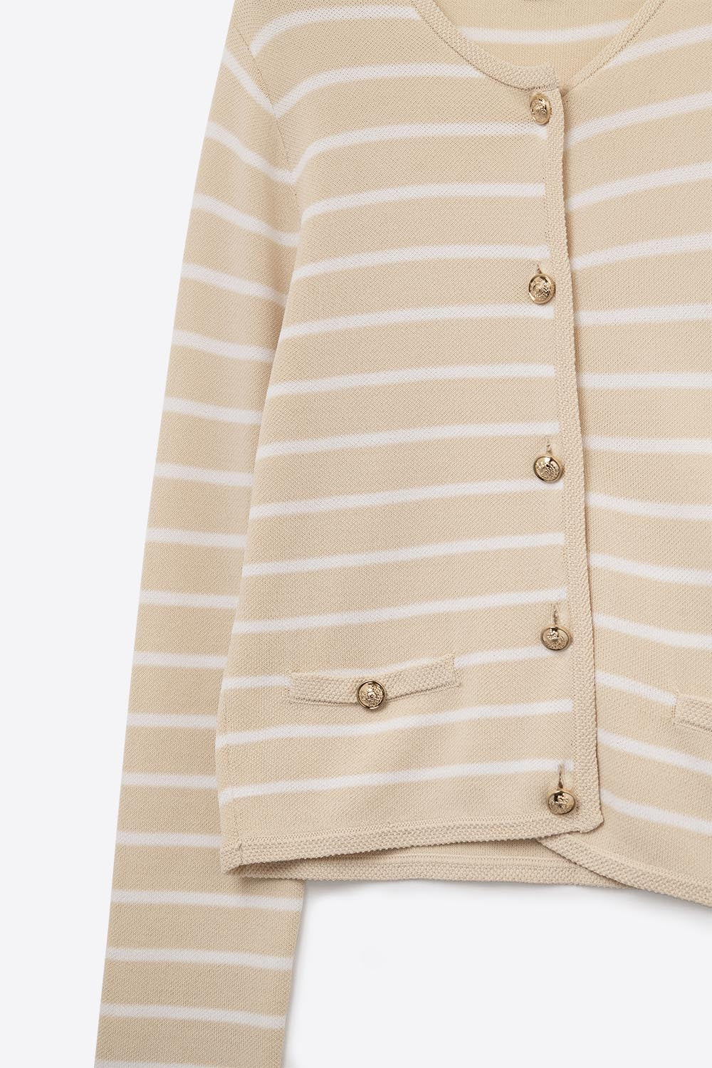 Beige Cardigan with White Stripes and Gold Buttons