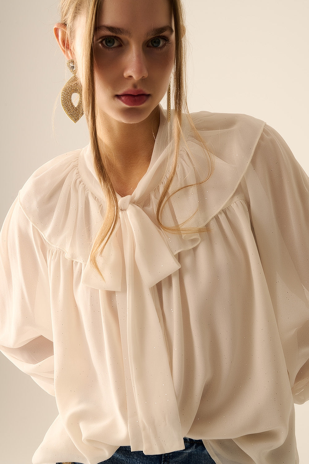Beige chiffon shirt with bow detail