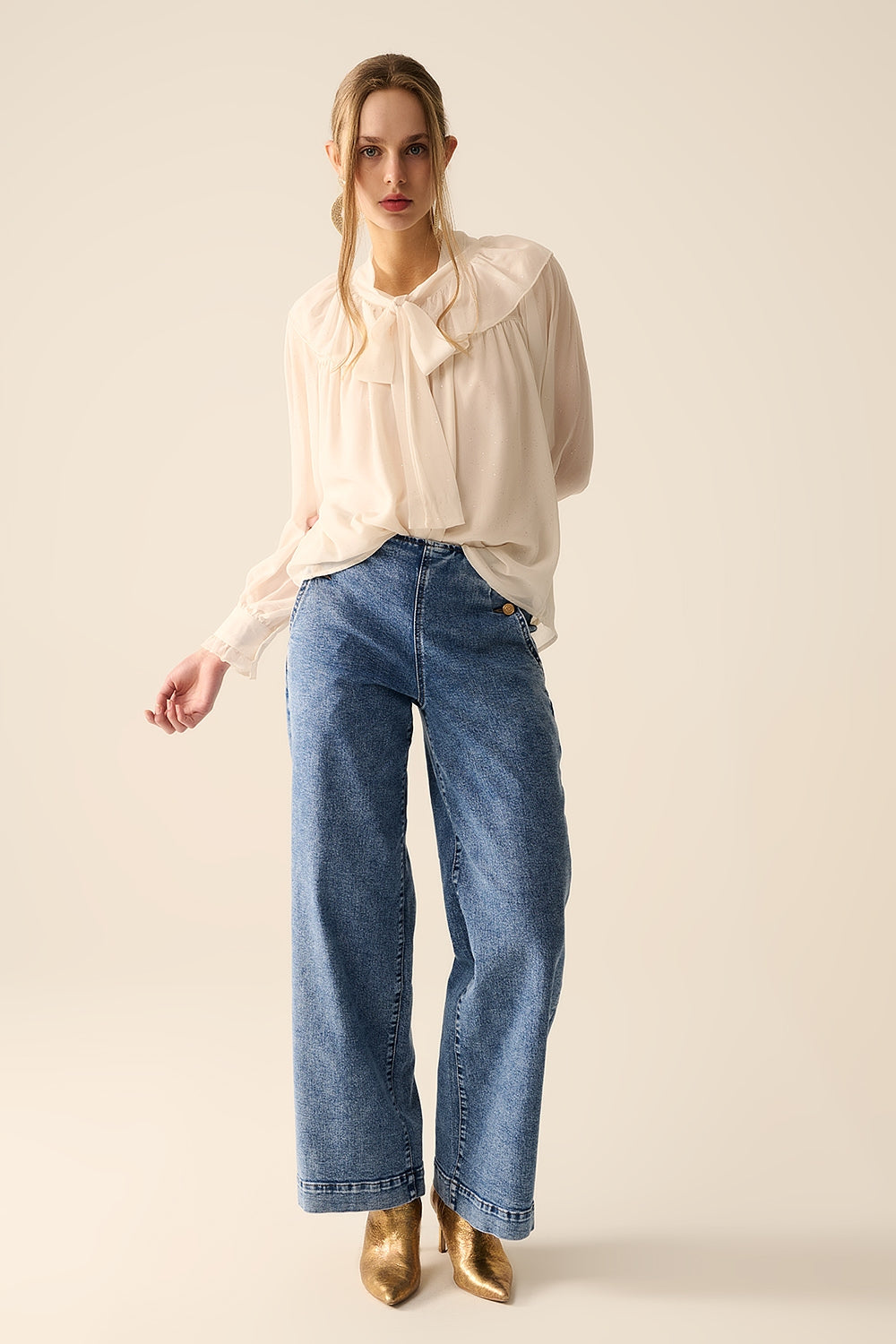 Beige chiffon shirt with bow detail