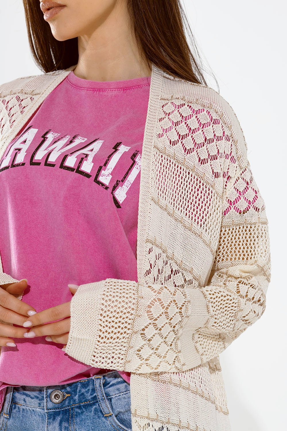 Beige Crochet Maxi Cardigan With Long Sleeves