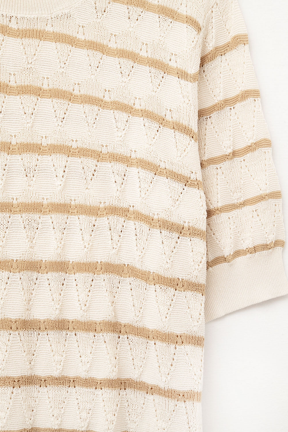 Beige Openwork Knit Top with Short Sleeves and Gold Stripes