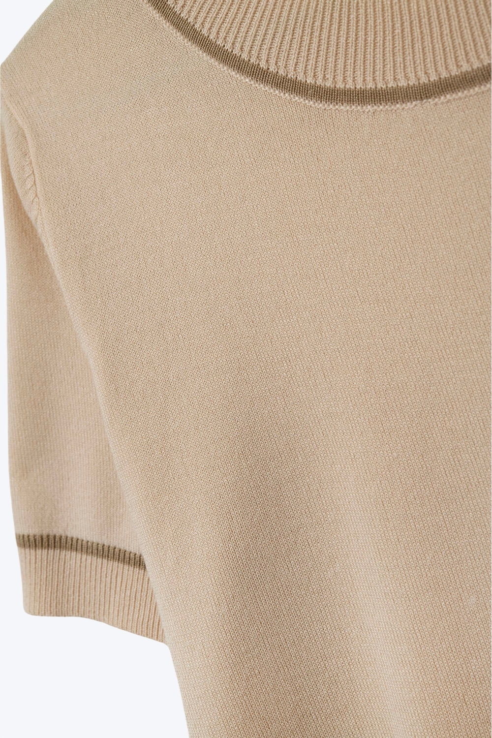 Beige Short Sleeve Knit Top with Camel Contrast Trims