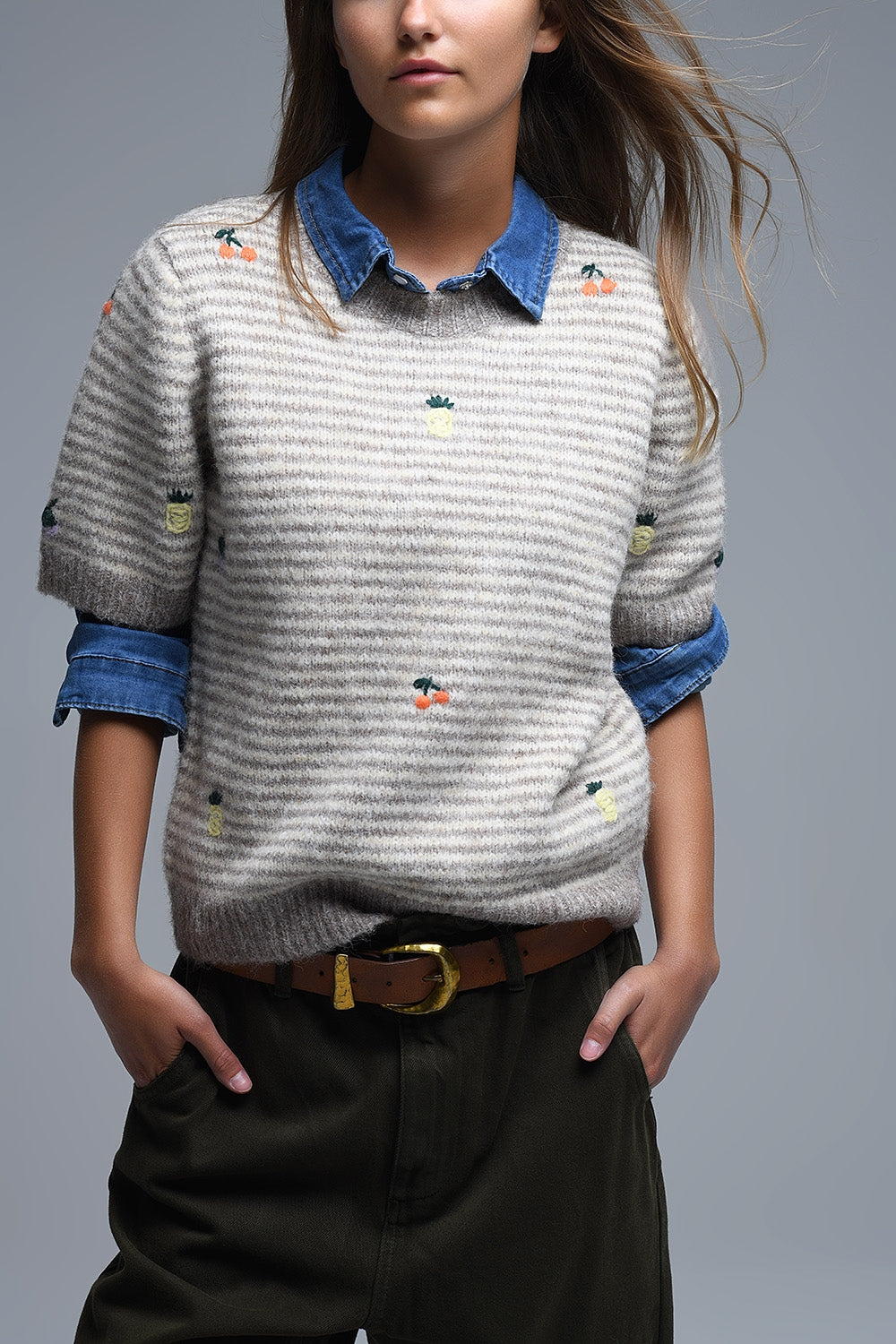 Beige Striped Short Sleeve Embroidered Sweater