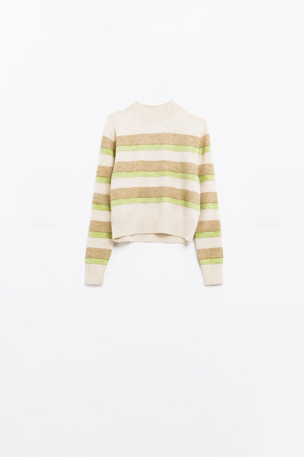beige sweater with green and camel stripes