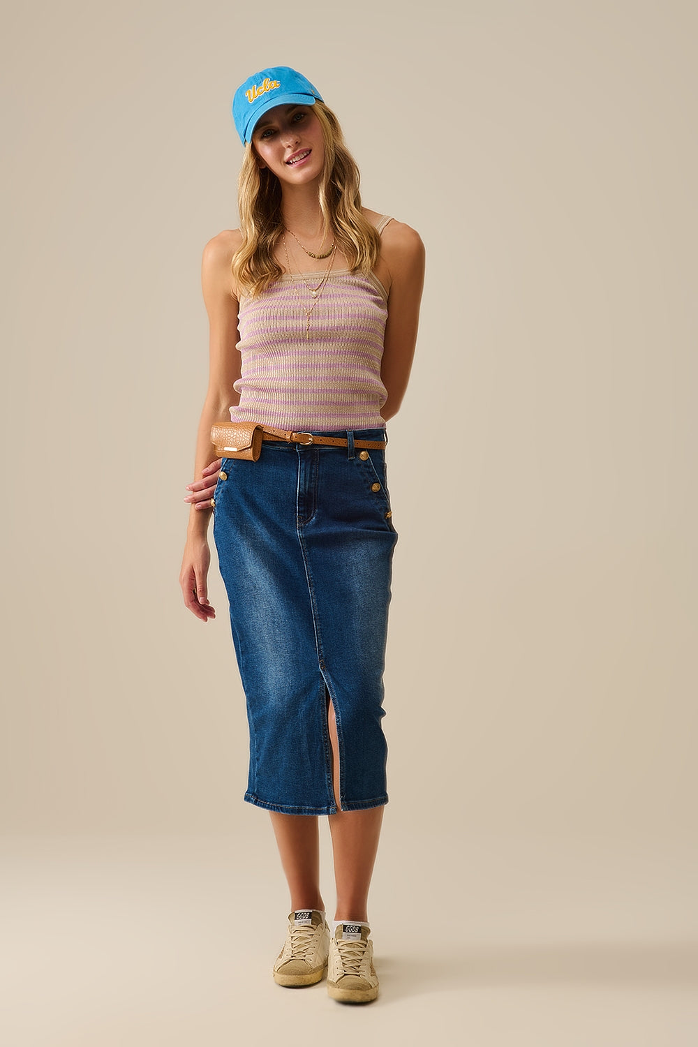 beige top with lilac stripes and straps