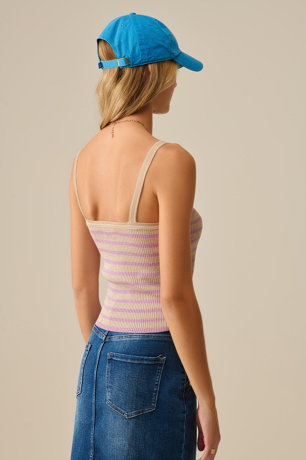 beige top with lilac stripes and straps