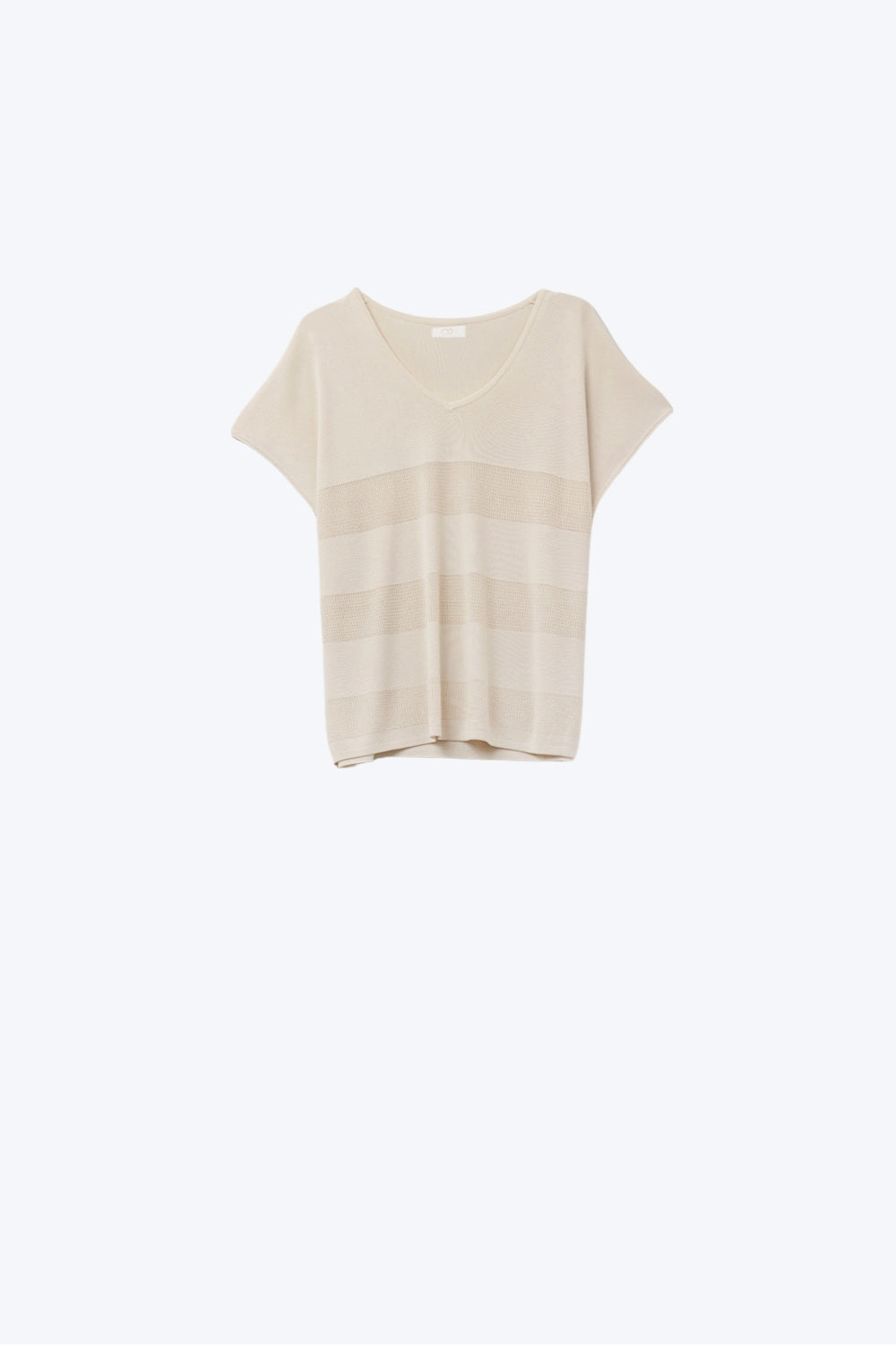 Beige V-neck knit sweater with open stitch detail