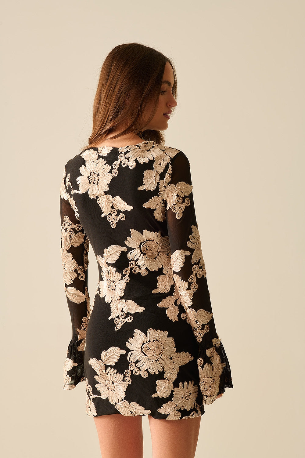 black chiffon mini dress with floral brocade