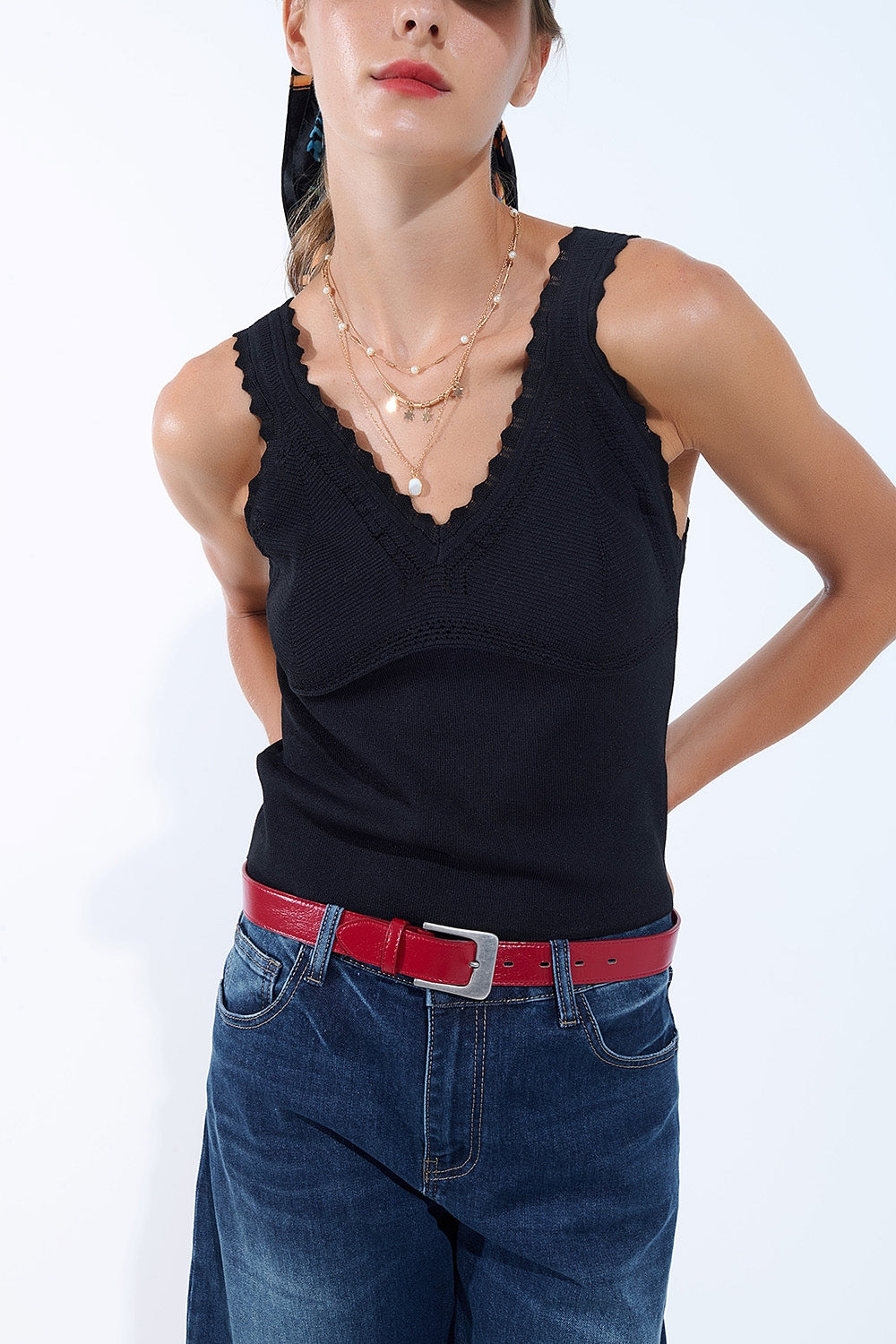 Black Knit V-Neck Top with Scalloped Edges