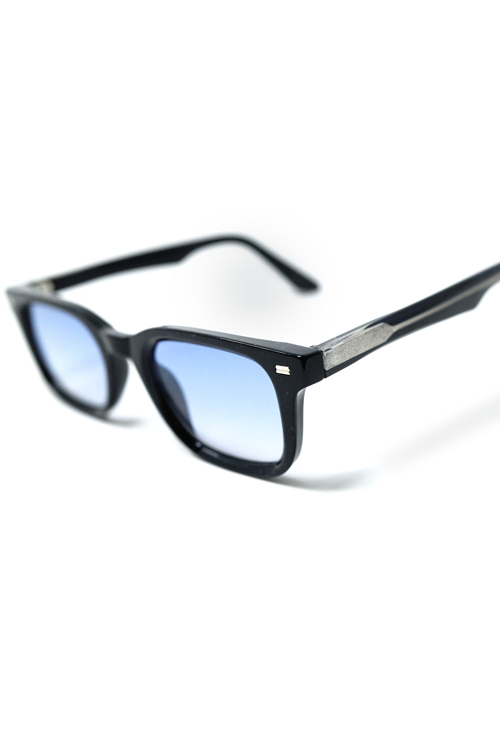 Black Square Sunglasses with Blue Gradient Lenses and metal side detail