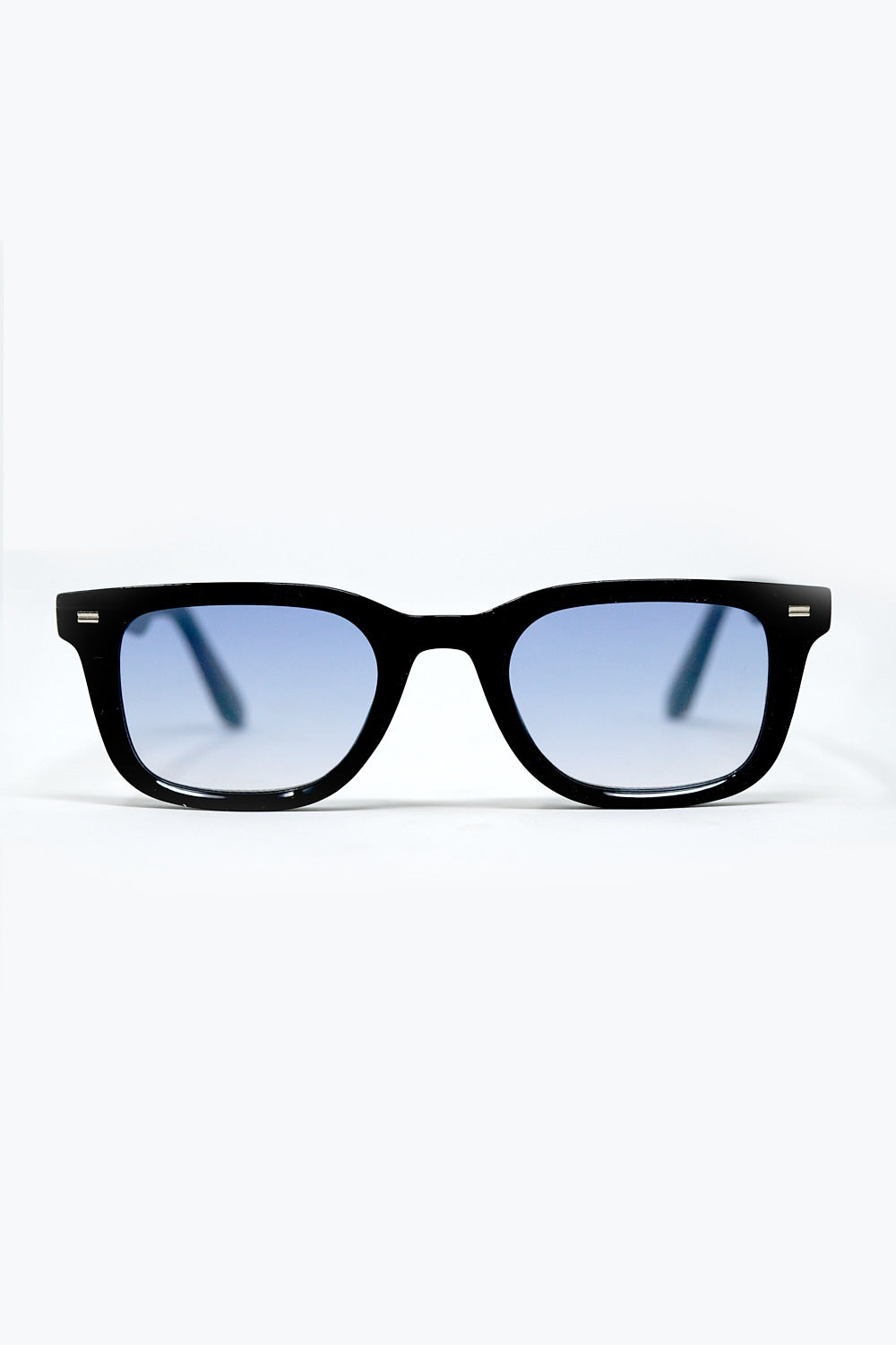 Q2 Black Square Sunglasses with Blue Gradient Lenses and metal side detail