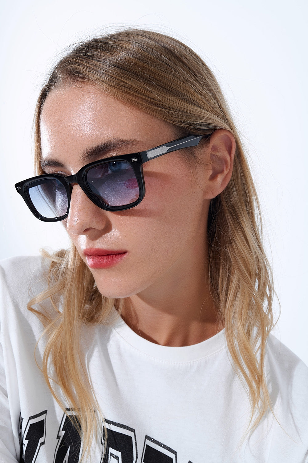 Black Square Sunglasses with Blue Gradient Lenses and metal side detail