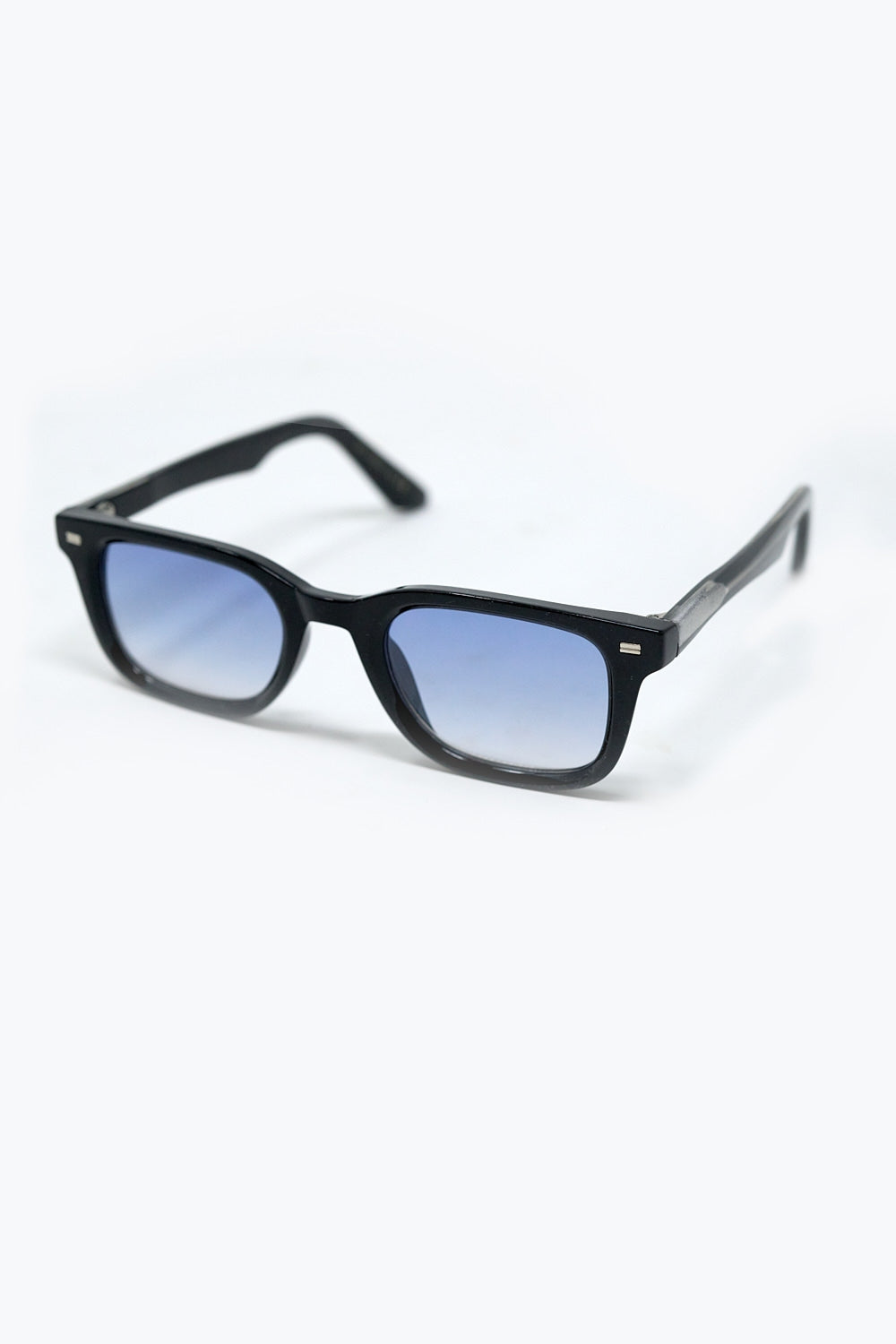 Black Square Sunglasses with Blue Gradient Lenses and metal side detail