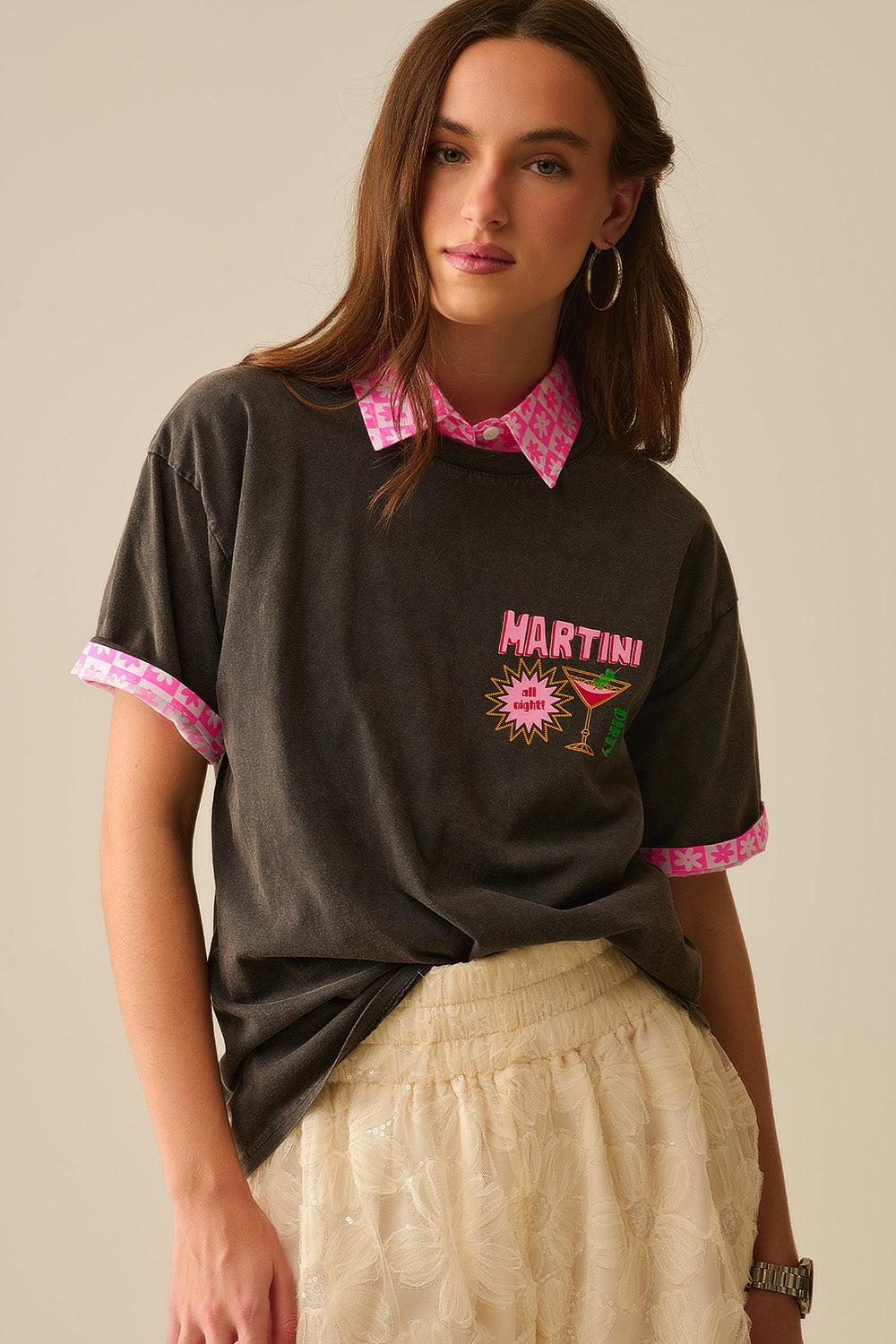 Q2 black stone wash t-shirt made in Italy with a Martini graphic logo