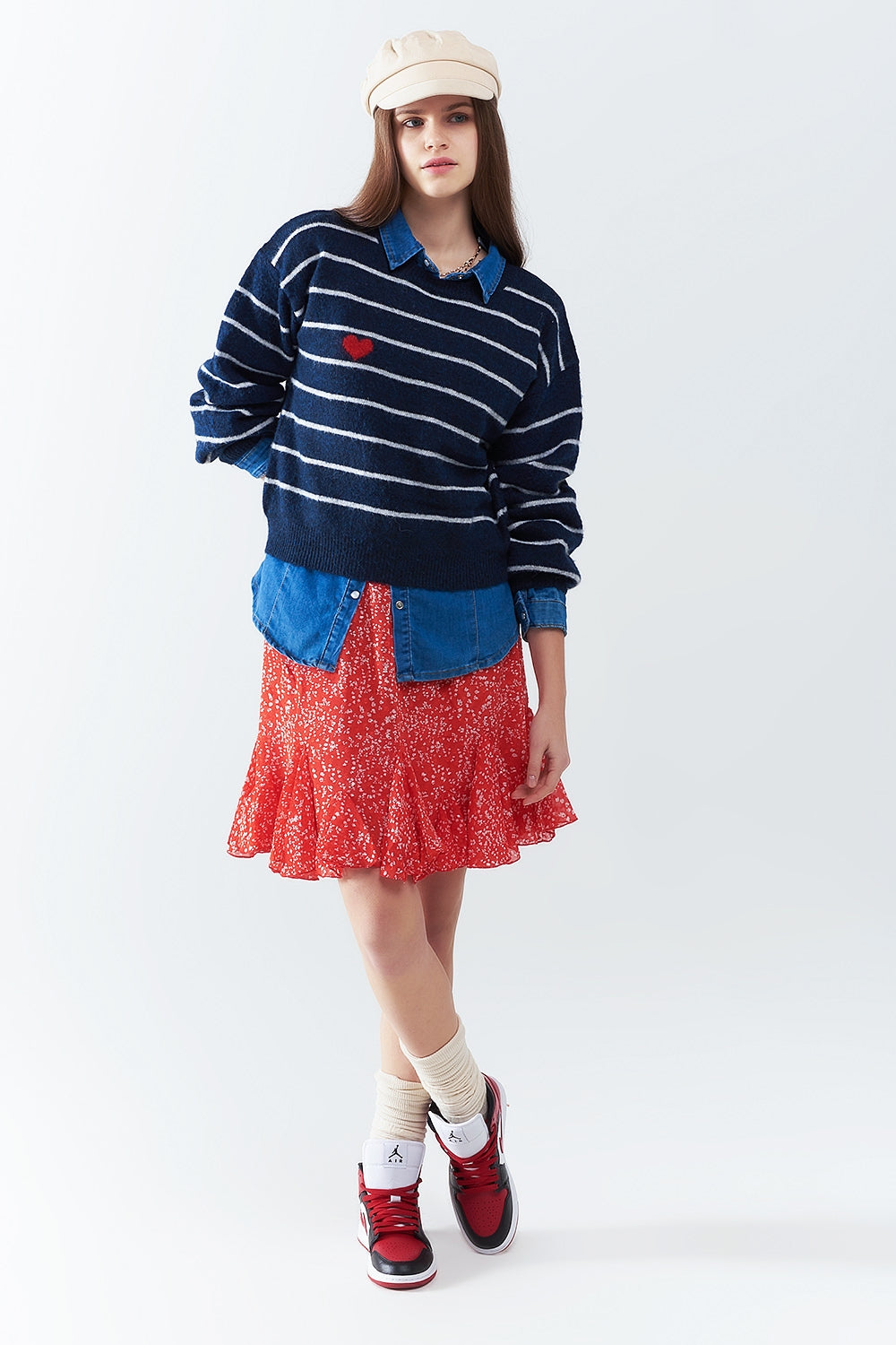 Blue striped sweater with red heart detail