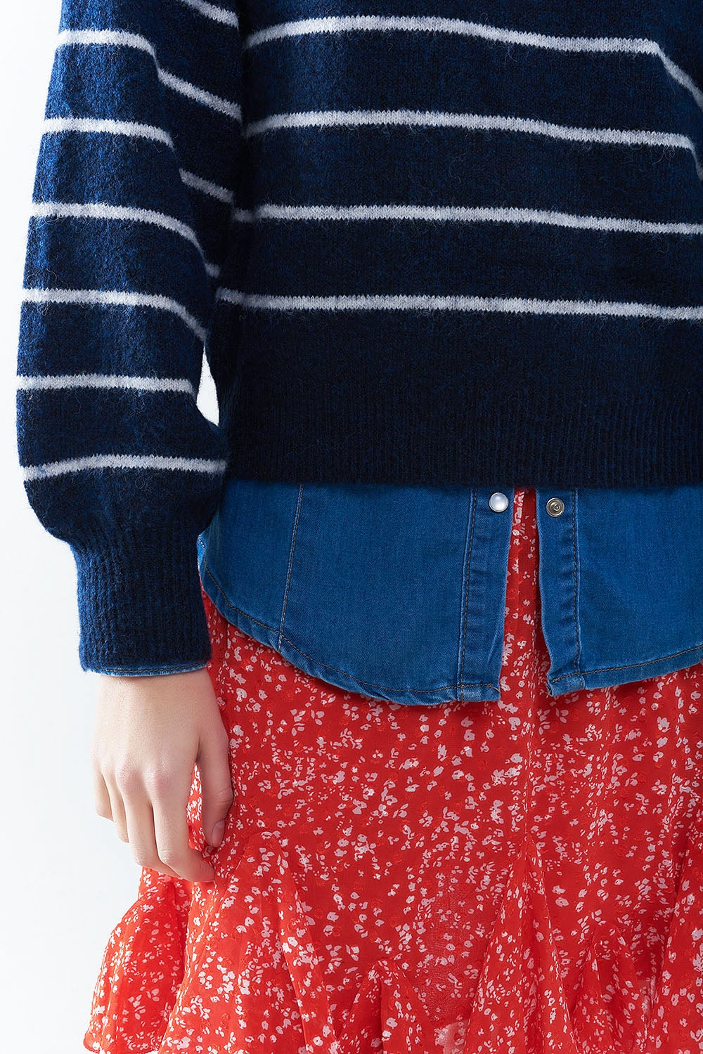 Blue striped sweater with red heart detail