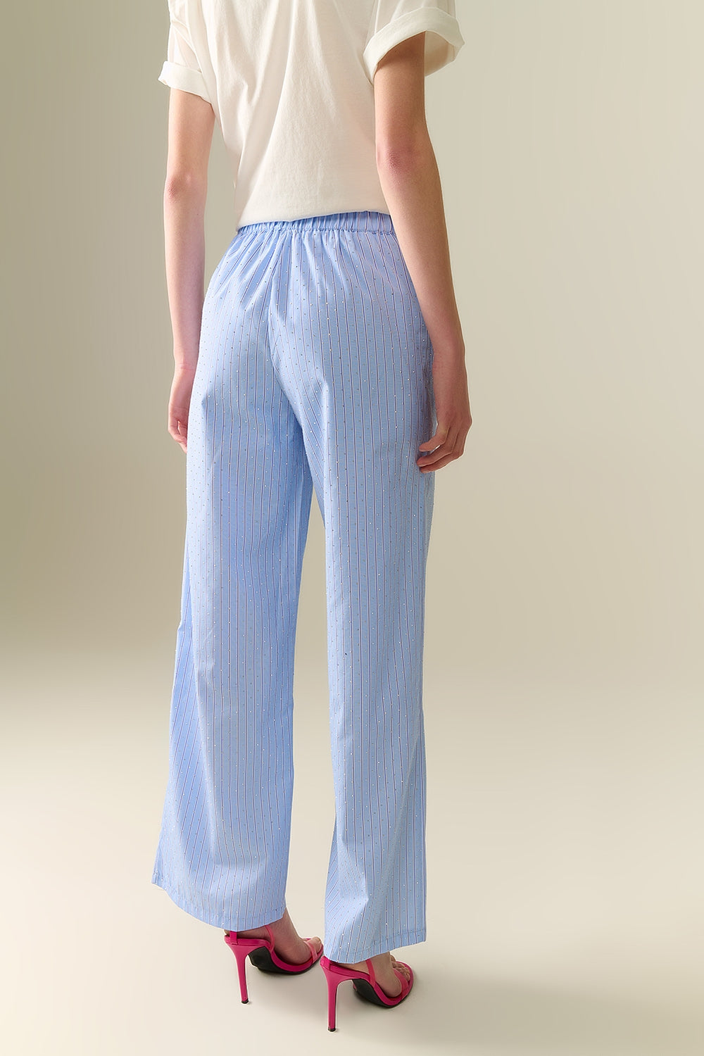 Blue Striped wide Leg Pants With strass Embellishment