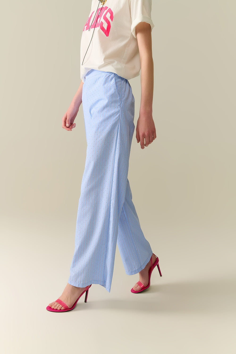 Blue Striped wide Leg Pants With strass Embellishment
