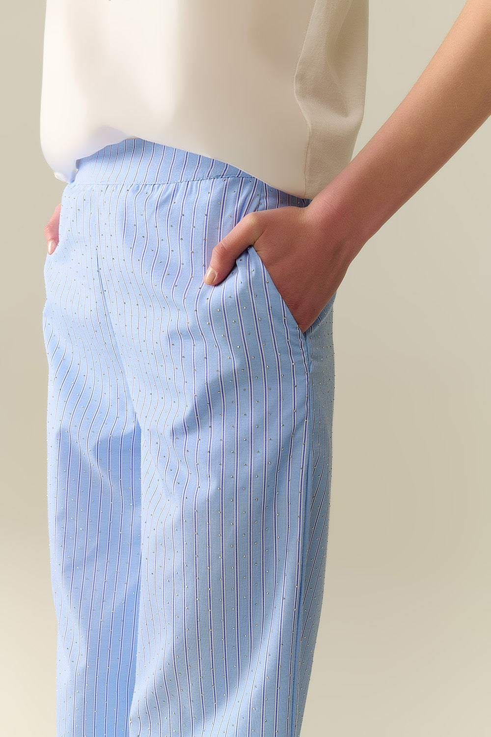 Blue Striped wide Leg Pants With strass Embellishment