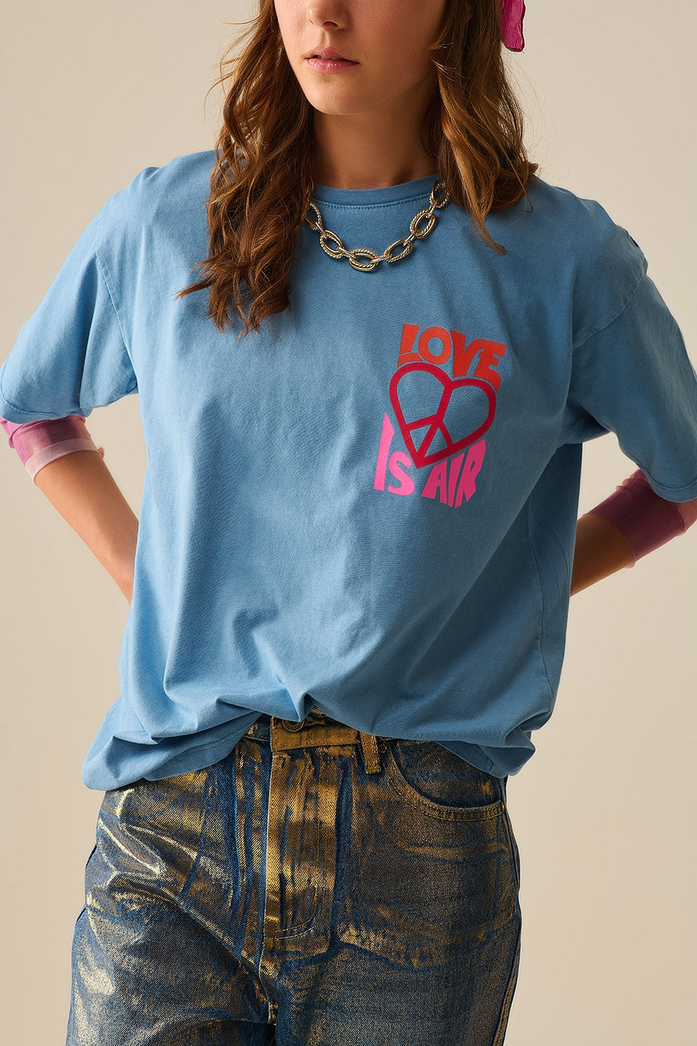 Blue T-Shirt made in italy with Love is Air and Heart with Peace logo