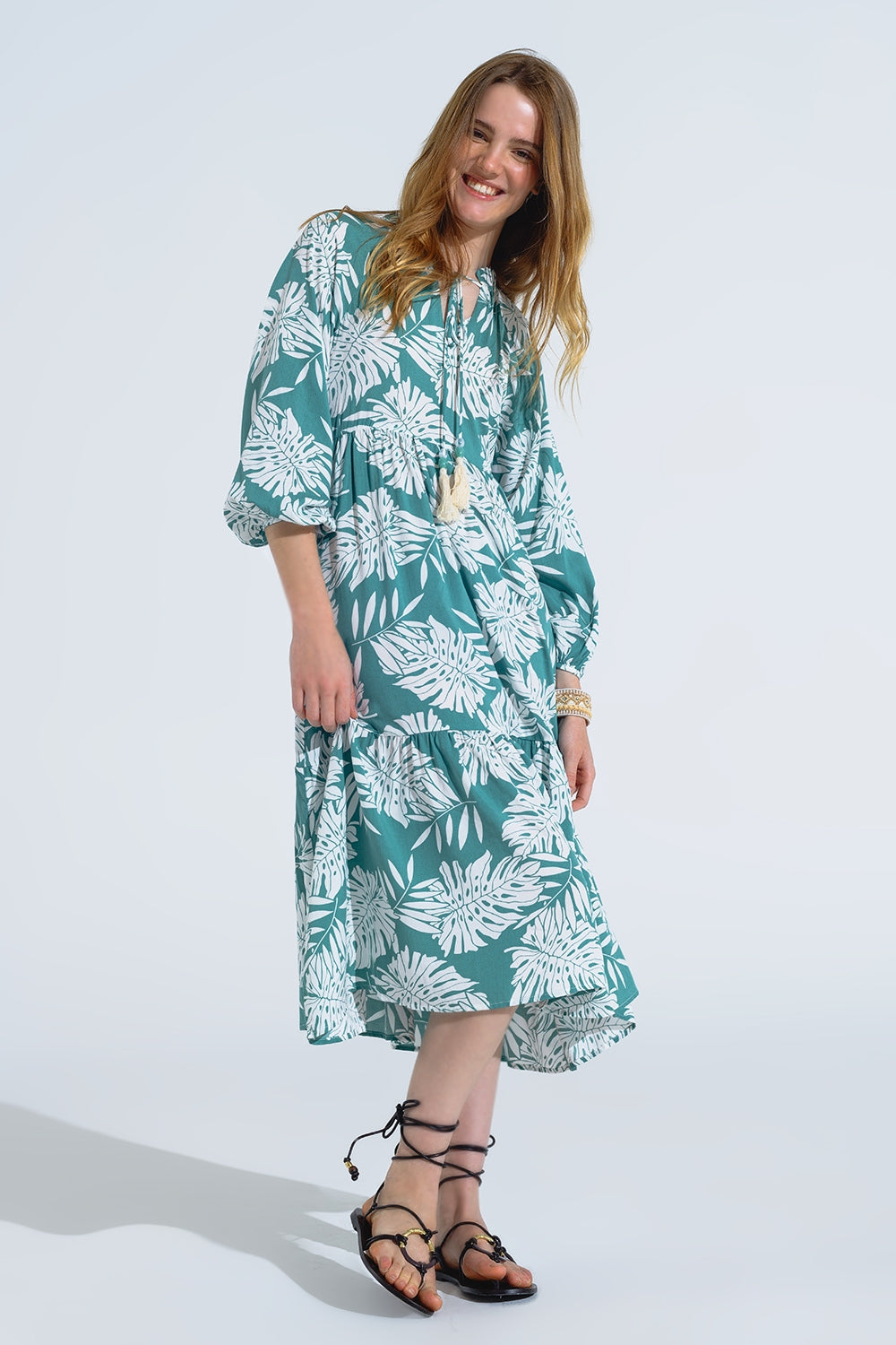 Boho Maxi Dress With Balloon Sleeves And Leaf Print In Green Secrets of Fashion Boho Maxi Dress With Balloon Sleeves And Leaf Print In Green Secrets of Fashion
