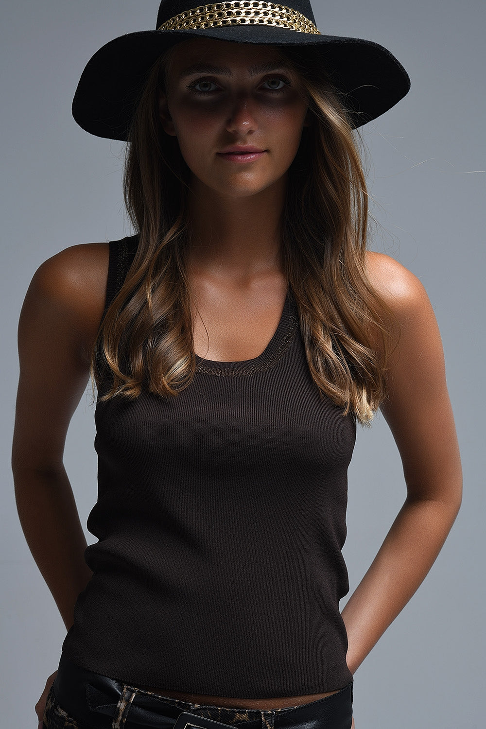Brown Sleeveless Knit Top with Metallic Trim
