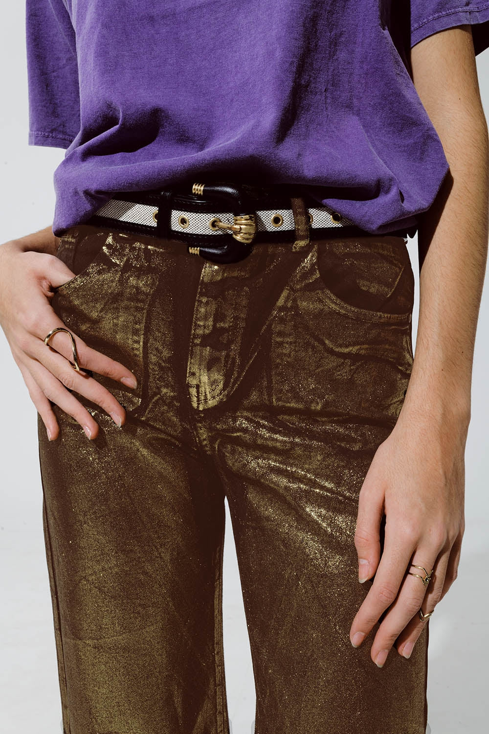 Brown straight leg jeans with gold metallic glow