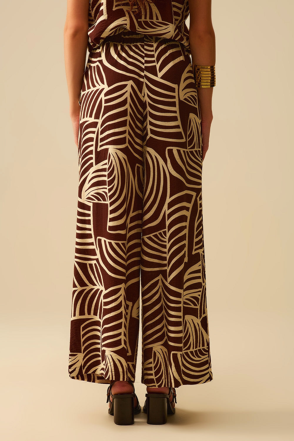 Brown Wide Leg Trousers with White Leaf Print